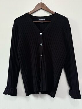 Lands' End Black Ribbed V-Neck Button-Front Cardigan